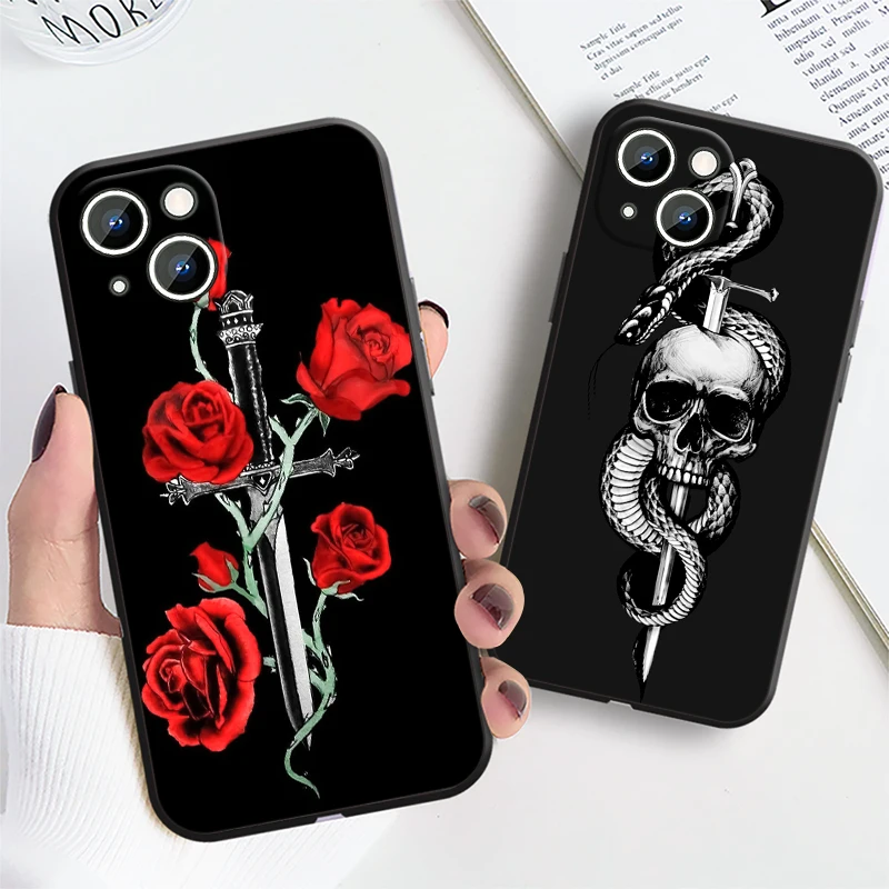 Roses Skull Art Cool For iPhone 15 14 13 12 11 XS XR X 8 7 SE Pro Max Plus Mini Black Cover Phone Case