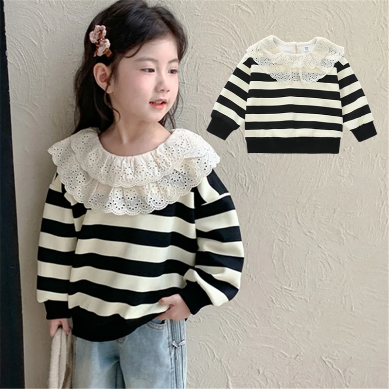 

Elegant Kids Baby Black White Striped Sweatshirt with Lace Collar for Infant Girl Outfit Child Spring Autumn Cotton Clothes 2-9Y