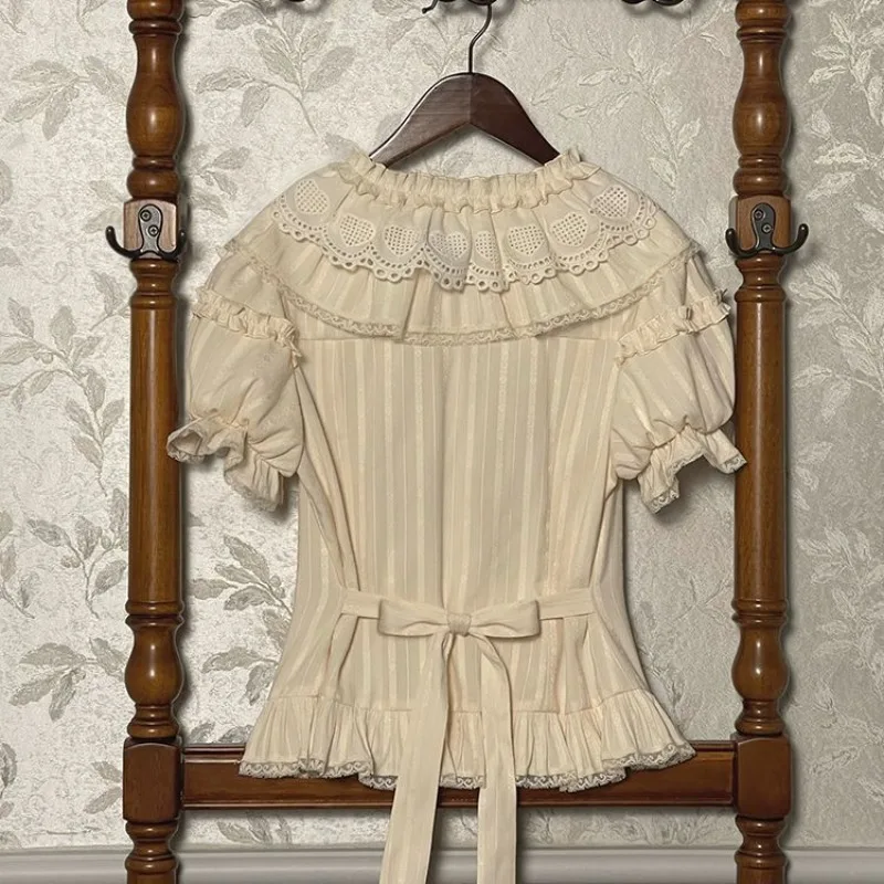 Vintage Gelbe Spitze Trim Bluse Frauen Sommer Elegante Peter Pan Kragen Hemd Mode Retro Kurzarm Tops Nette Puppe Stil Neue