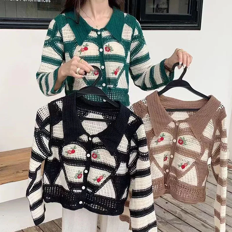 مملة العسل الفرنسية الرجعية مخطط الجوف الأعلى المطرزة زهرة معطف سترة مشغولة من الصوف المرأة أوائل الخريف موضة الحلو الرياح ل #6