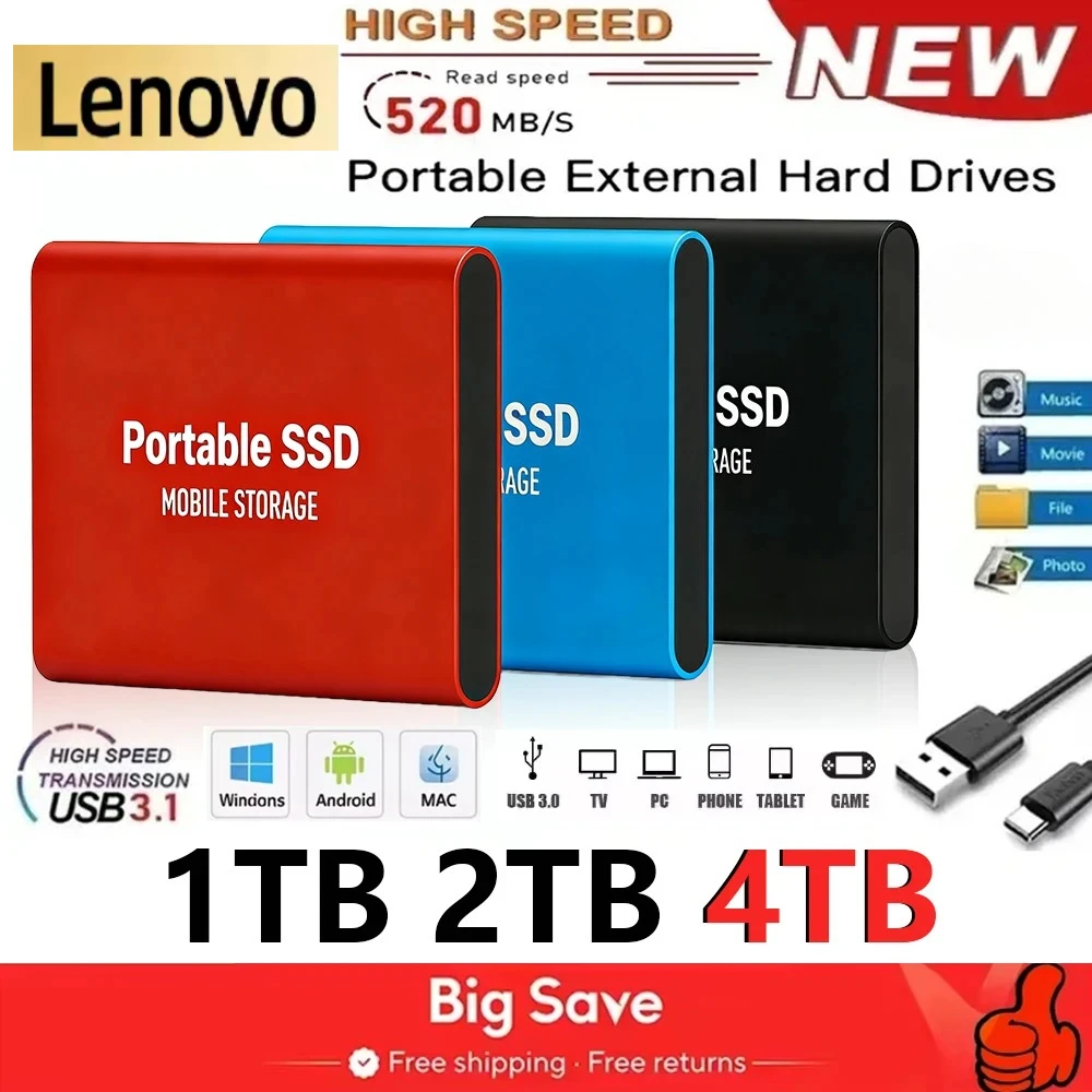 

Портативный SSD-накопитель Lenovo T5 2 ТБ/4 ТБ, внешний твердотельный накопитель USB 3.1, высокоскоростной мини-флеш-диск для хранения данных в играх на PS4, PS5, Xbox