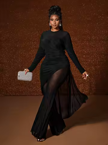 Plus Size Black Asymmetrical Mesh Long Sleeve Maxi Dress for Evening Events