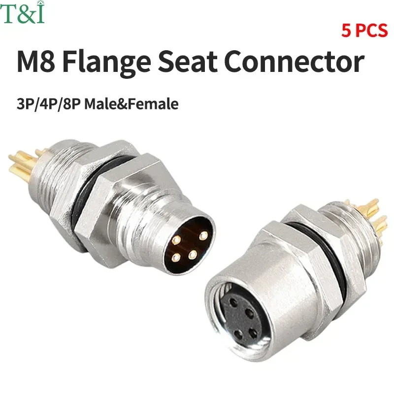 

5PCS M8 Flange Socket Plug 3/4/5/6/8 Pin Type Through Wall Panel Waterproof Aviation Sensor Cable Connector