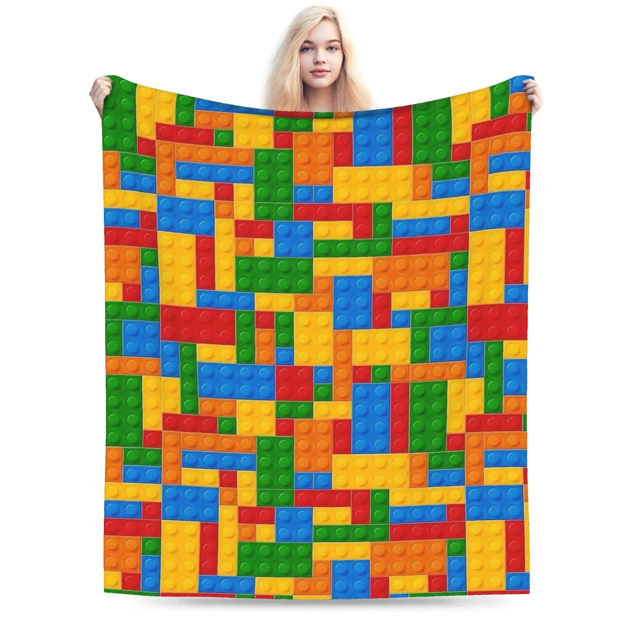 Soft Flannel Throw Blanket for Kids Boys Girls Camping Building Blocks Brick Pattern Plush Sofa Bed Cover for Outdoor Indoor Use