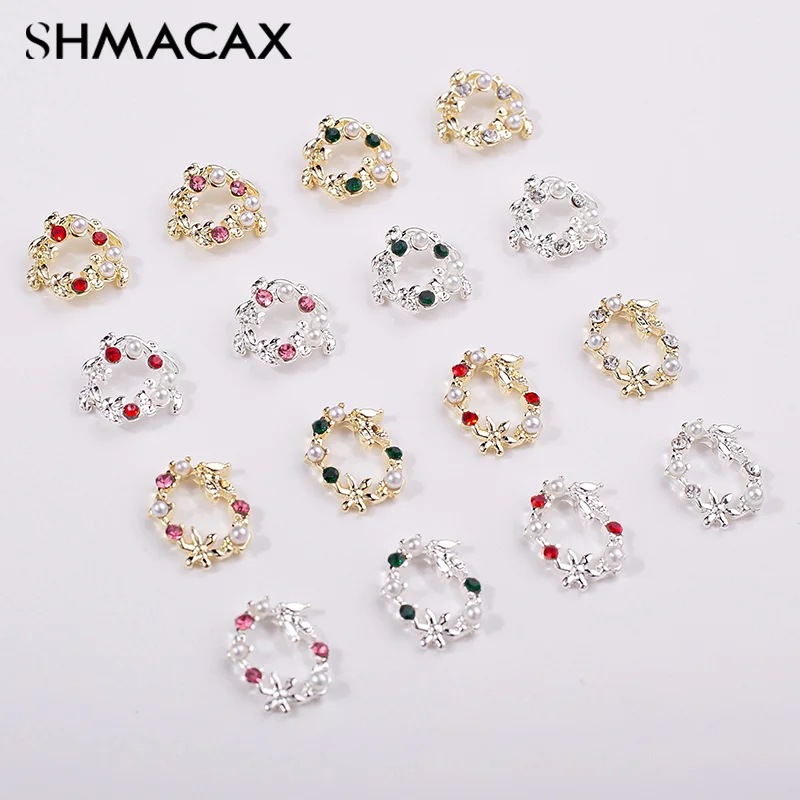 5Pcs Mocha Flower Wreath Pearl Zircon Nail Art Charms Rhinestone Christmas Wreath Design Crystals Jewelry Nail Art Decoration