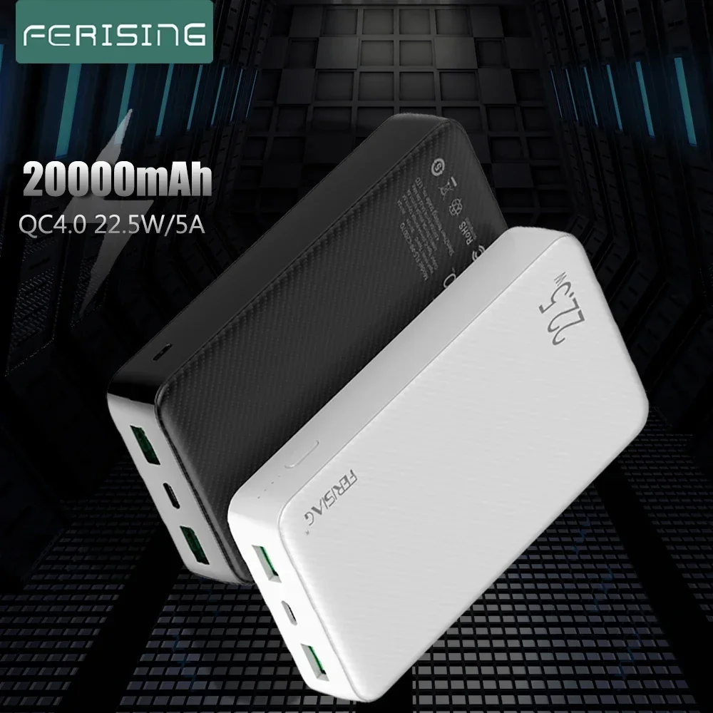 FERISING 20000mAh SCP VOOC 5A Power Bank 22.5W USB Type C External Battery Charger Quick Charge QC3.0 4.0 PD Powerbank Mi banks