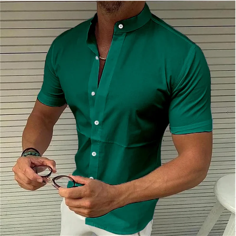 New Men\'s Shirt Summer Shirt  Short Sleeve Solid Color Stand Single button Collar Outdoor Street Wear Fashion Casual Breathable