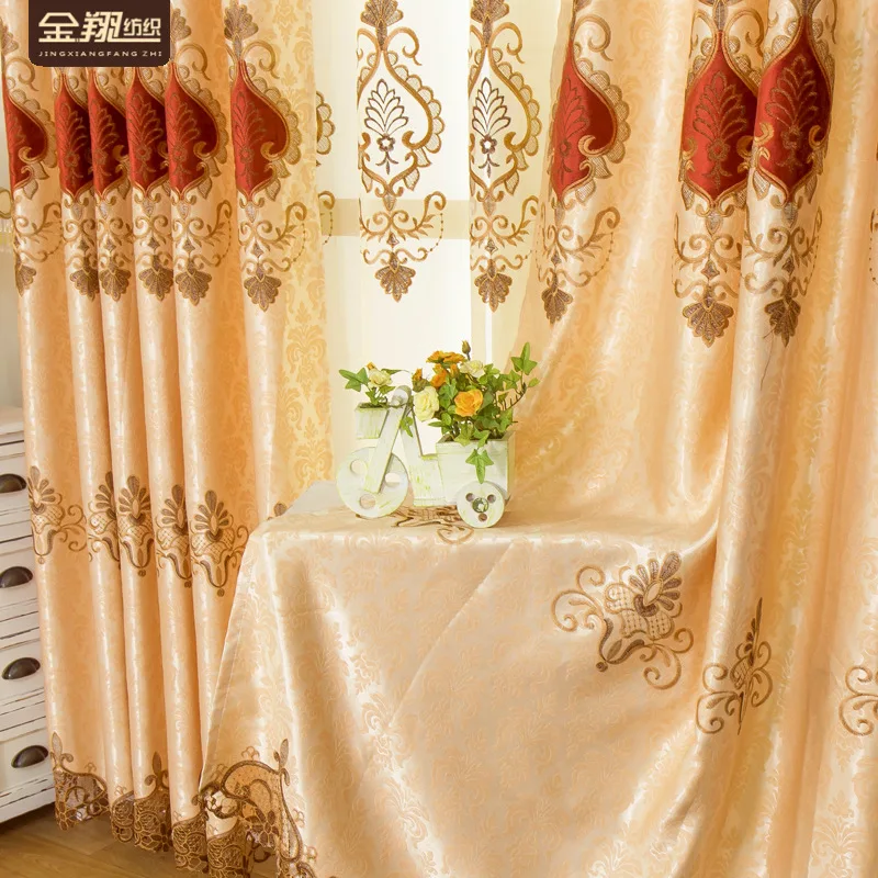 

Blackout Water Soluble Embroidered Curtains for Living Room Bedroom Kitchen European Light Luxury Elegance Beige Yellow