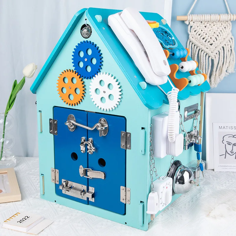 

Многофункциональная деревянная пирамидка-домик Монтессори для раннего развития: развивающая игрушка с замками и переключателями