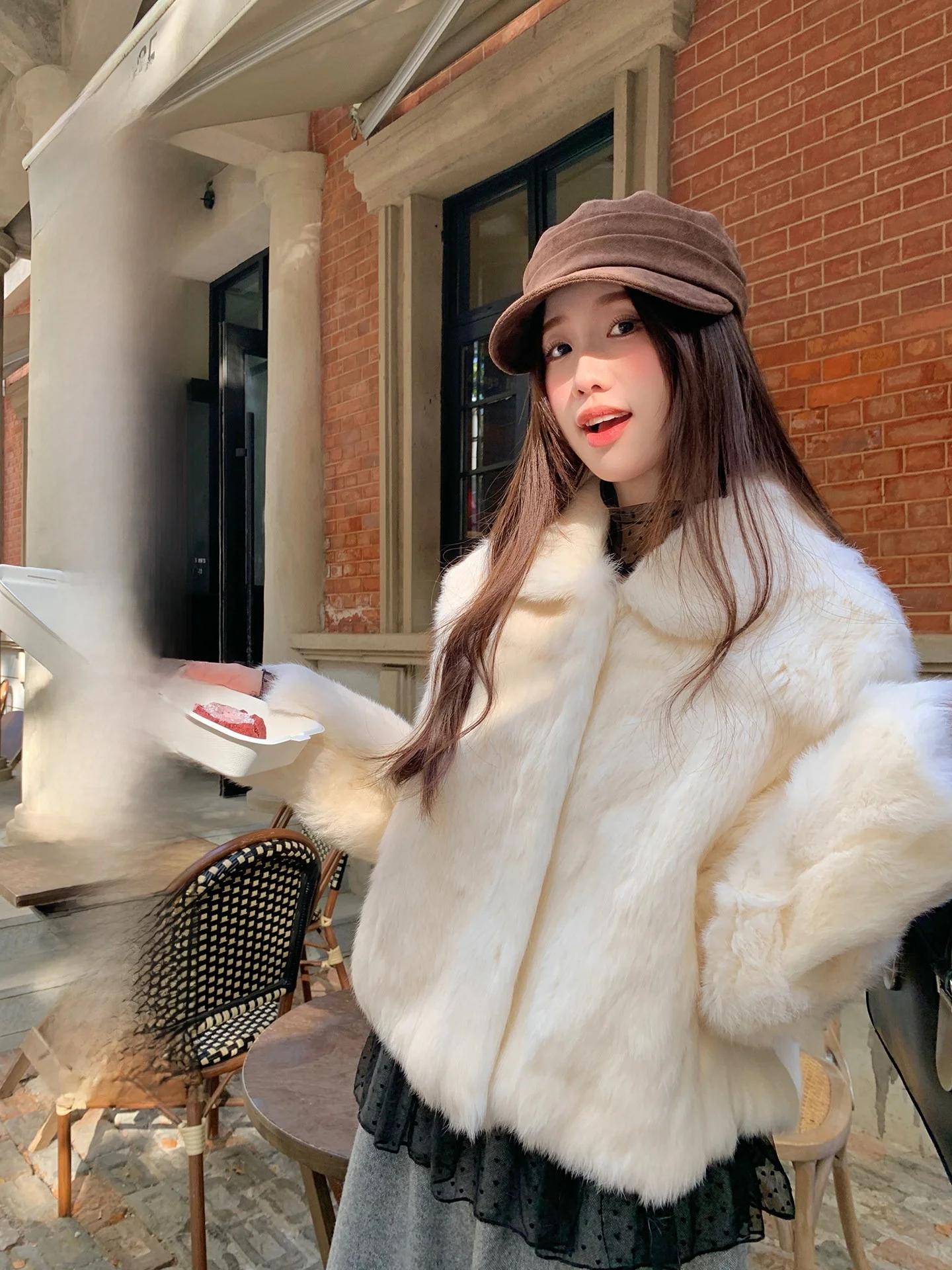 

CheeseBunny Real Rabbit Fur ort Coat Women's Faion Soft Fluffy Collar Top Korean Sle Loose Fit Long Sve Warmth