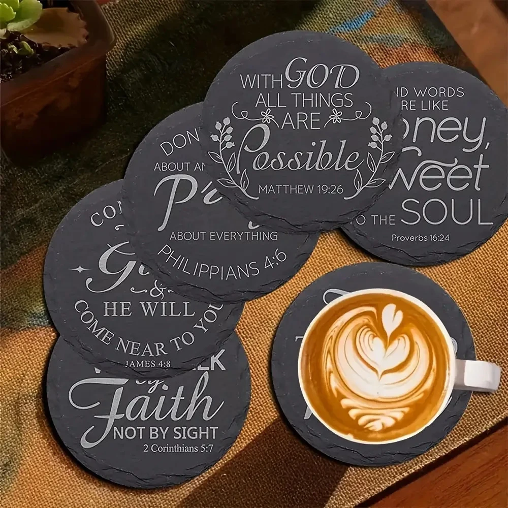 8pcs 2D Christian Bible Verses Pattern Wooden Coasters Heat-resistant Anti-slip Coaster for Tea Cup Mat, Coffee Beverage Mug Mat
