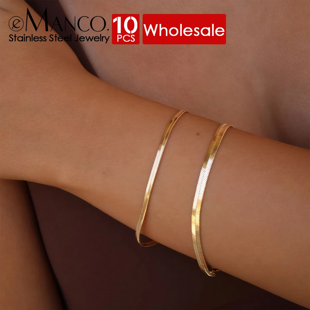 eManco 10PCS Trendy Snake Chain Bracelet Gold Color Stainless Steel Chain Bracelet For Women Jewelry Gift  Blade Chain 2/3/4/5MM