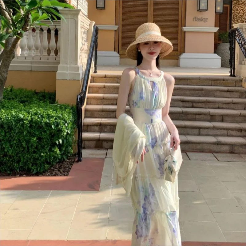 Robe de plage française élégante pour femmes, imprimé floral, style Boho, longue, taille haute, à volants, été