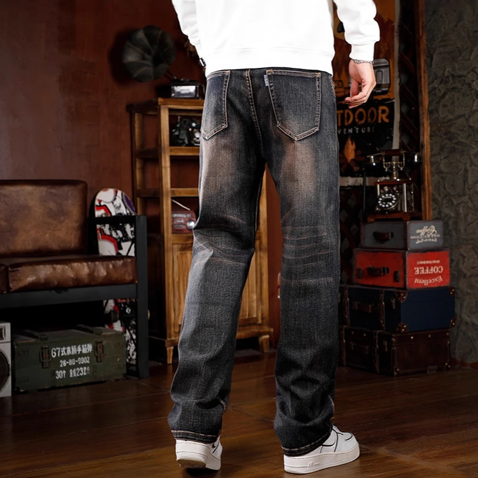 Vintage Moto Biker Jeans Men 44 Plus Size Multi-pocket Cargo Denim Pants Fashion Casual Crane Embroidery Jeans Straight Pants