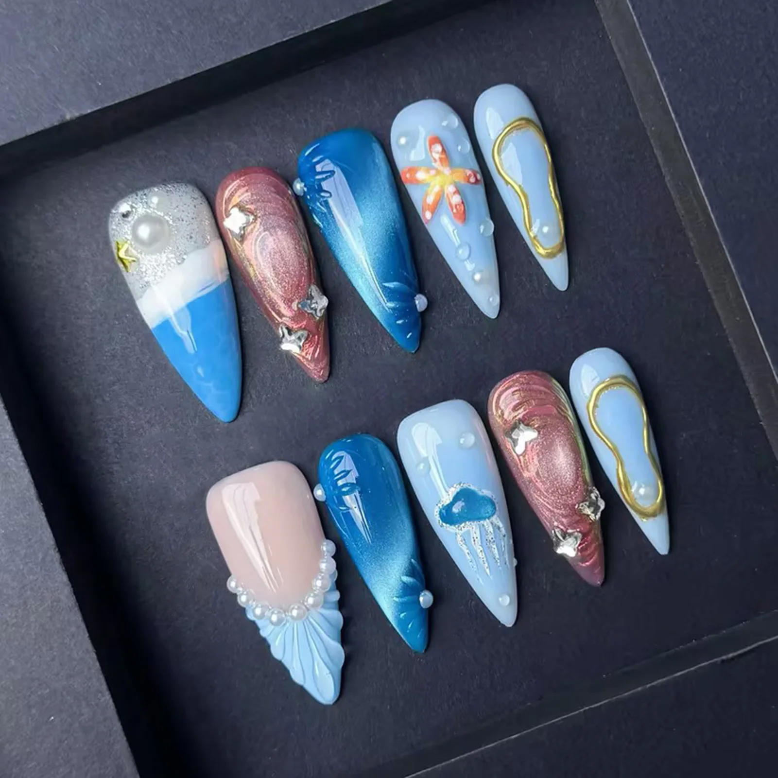 10 Stück Ozean-Thema zum Aufdrücken der Nägel mit Glitzer, handgefertigt, lange Stiletto-blaue künstliche Nägel, tragbar, Perlen-Seestern-Design, falscher Nagel