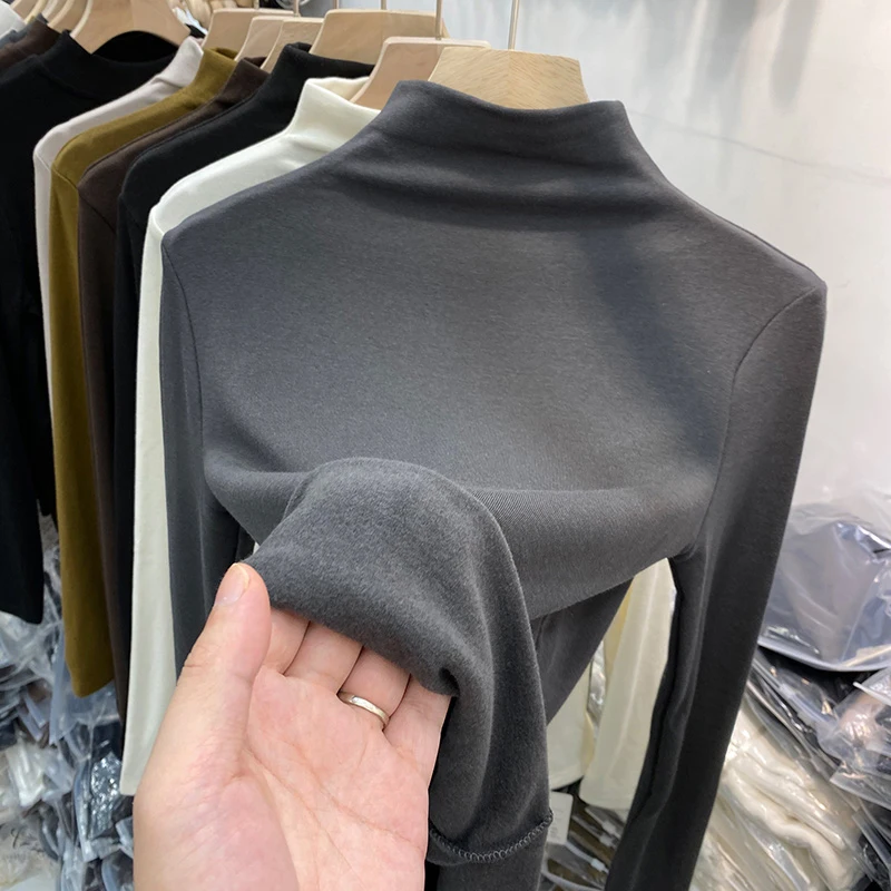 German Velvet Half High Neck Base Shirt Women Autumn Winter Fleece Lined Warm Slim Fit Bottoming Top