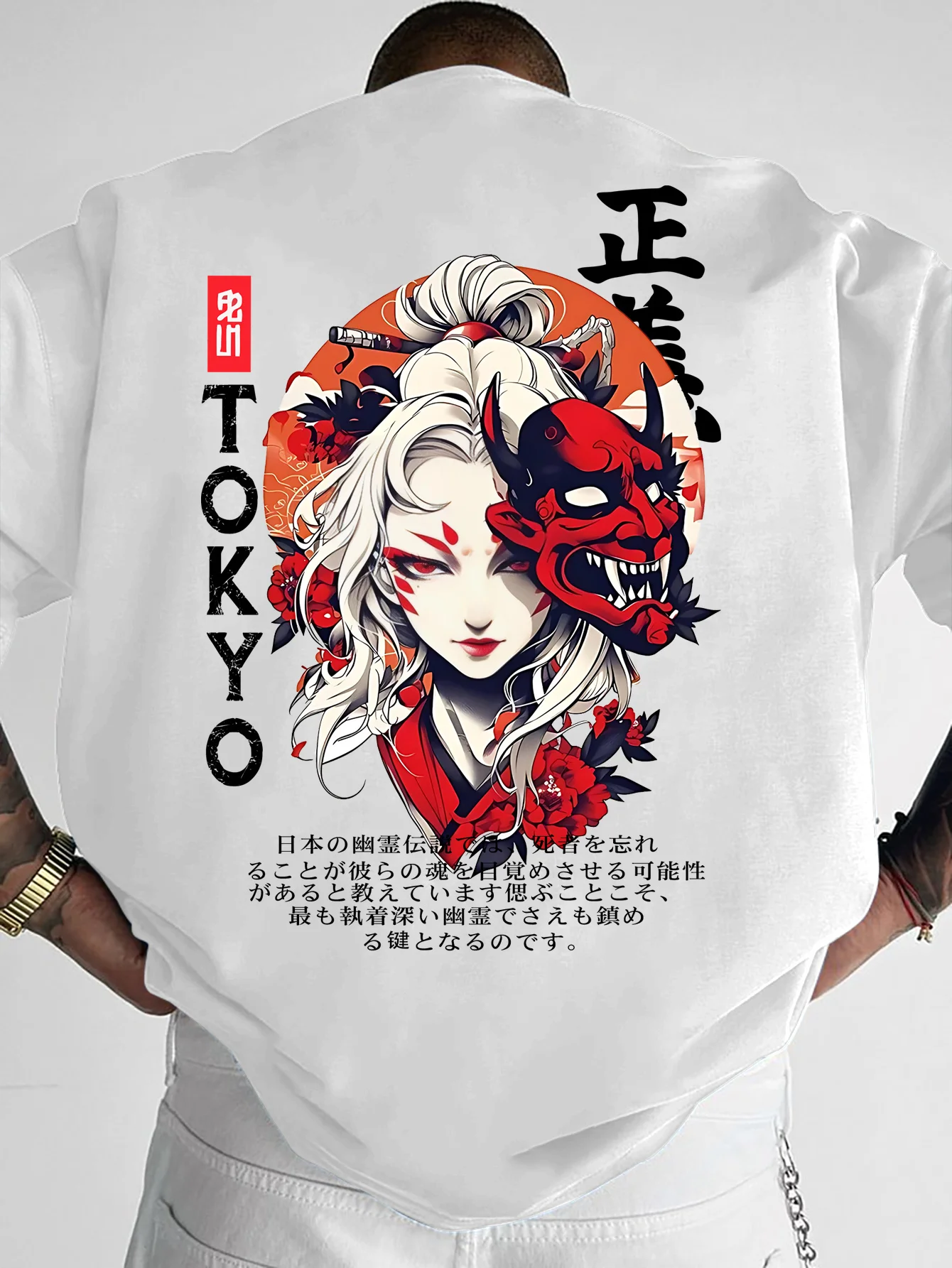 Summer Men's Trendy Street Style T-shirt with Japanese-style Text Pattern Print 100% Pure Cotton Comfortable Loose Short Sleeves