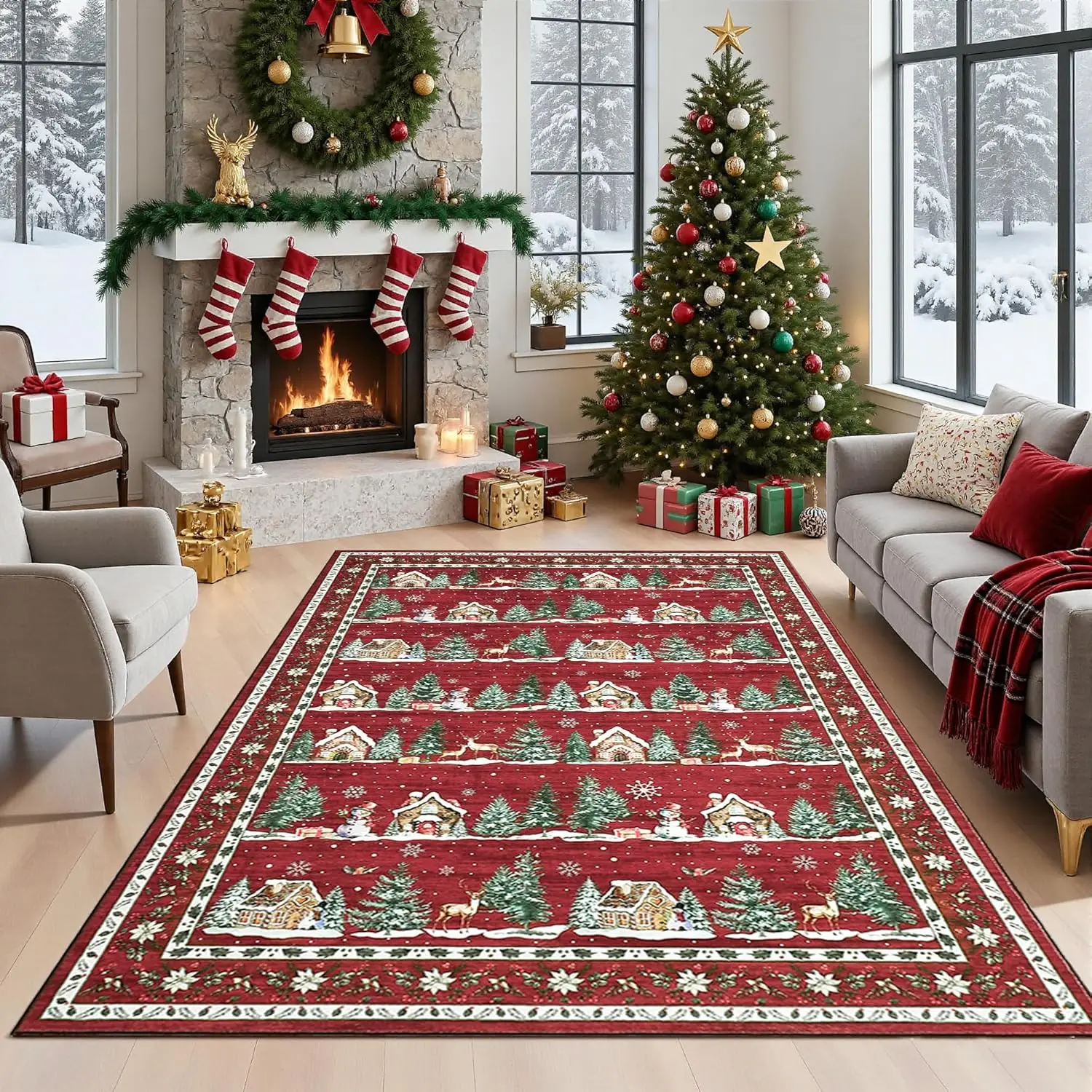 

Christmas Washable Rugs for Living Room Area Rugs Soft Non-Slip Backing Carpet Snowflake Low Pile Stain Resistant for Bedroom