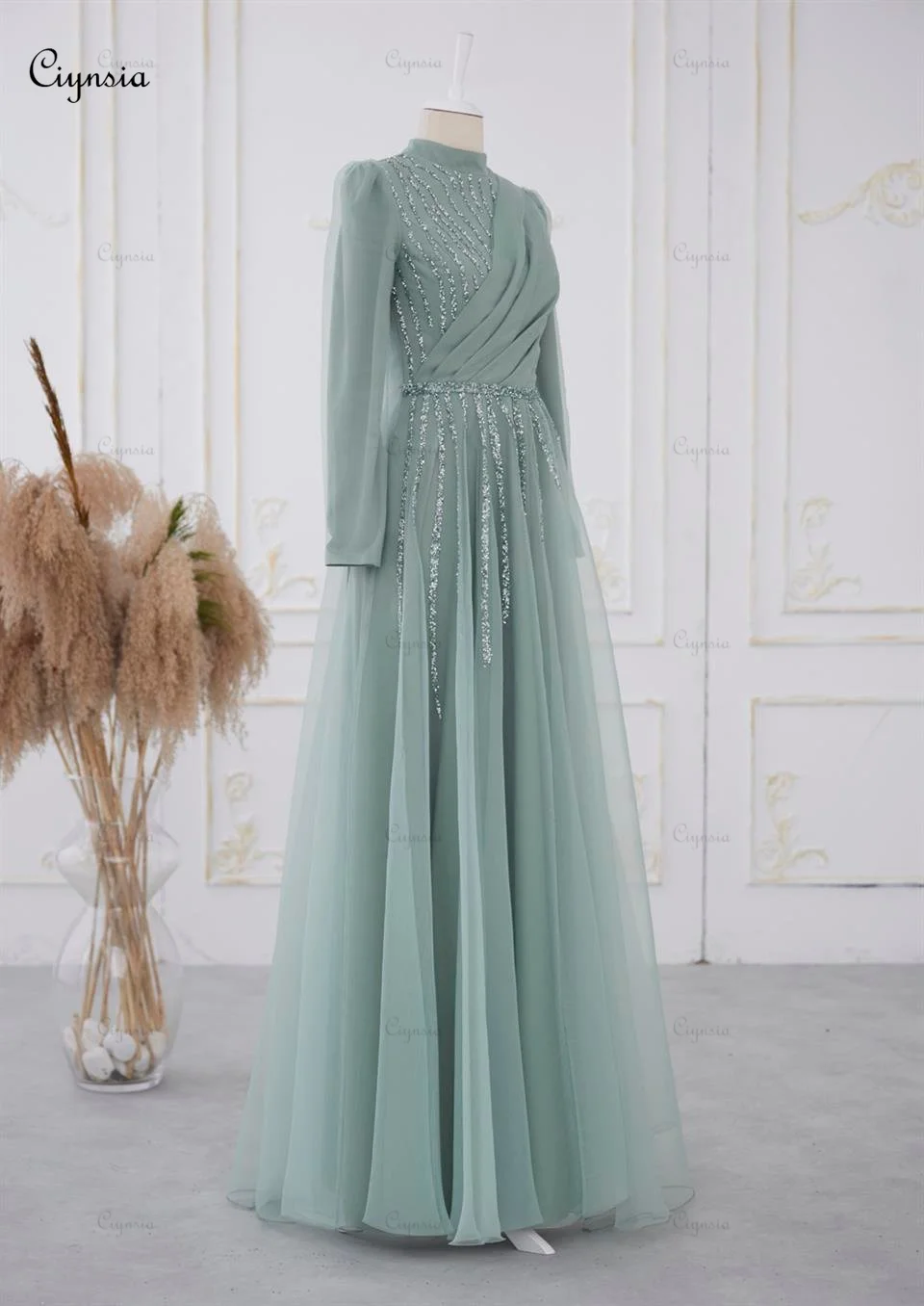 Ciynsia Muslim Hijab Islamic Evening Dress Full Sleeve Green Formal Party Gown A-Line Tulle Beaded Arabic Kafan Robe De Soiree