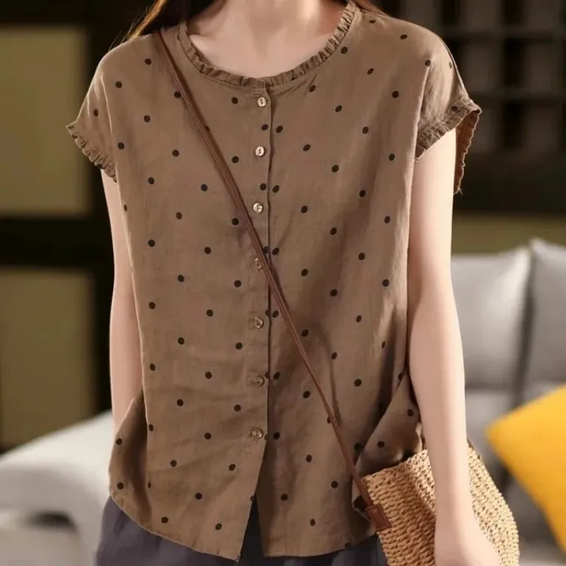 

Women's Polka Dot Ruffled Neck Cap Sleeve Blouse Casual Linen Shirt