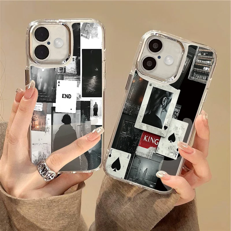 Luxury Black White Spliced Pictures Case For iPhone 15 Pro Max 11 12 13 14 16 Pro Max Coque Plating Lens Frame Silicone Cover