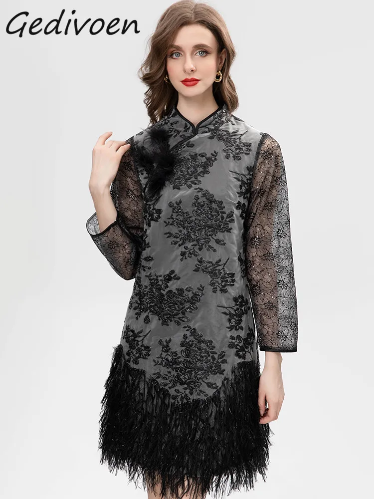 

Gedivoen Autumn Fashion Designer Gray Vintage Jacquard Dress Women's O Neck Lace Long Sleeve Feather High Waist Slim Mini Dress