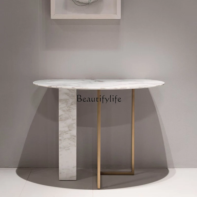 

03.Modern minimalist semi-round entrance table, stainless steel marble decorative table