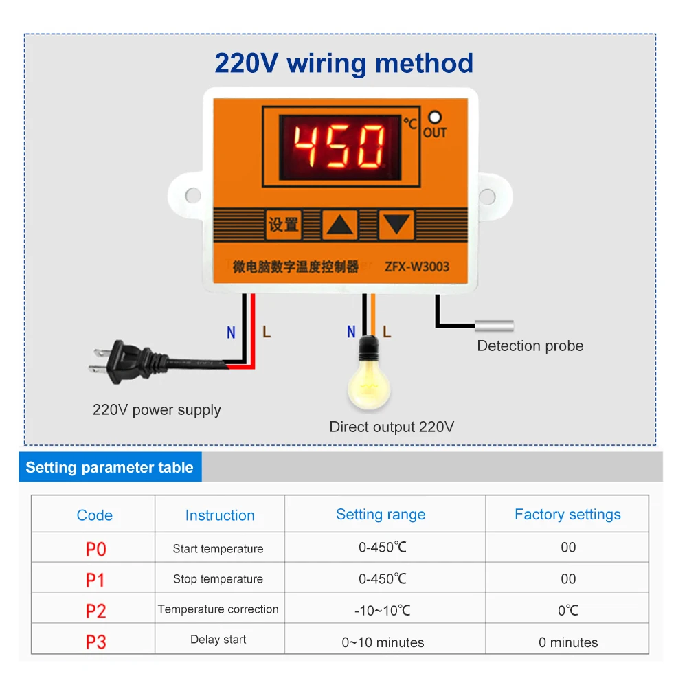 W3003 Micro Digital Intelligent Temperature Controller Thermostat Thermoregulator 12/24V/220V K-type Thermocouple Sensor 0-450 ℃