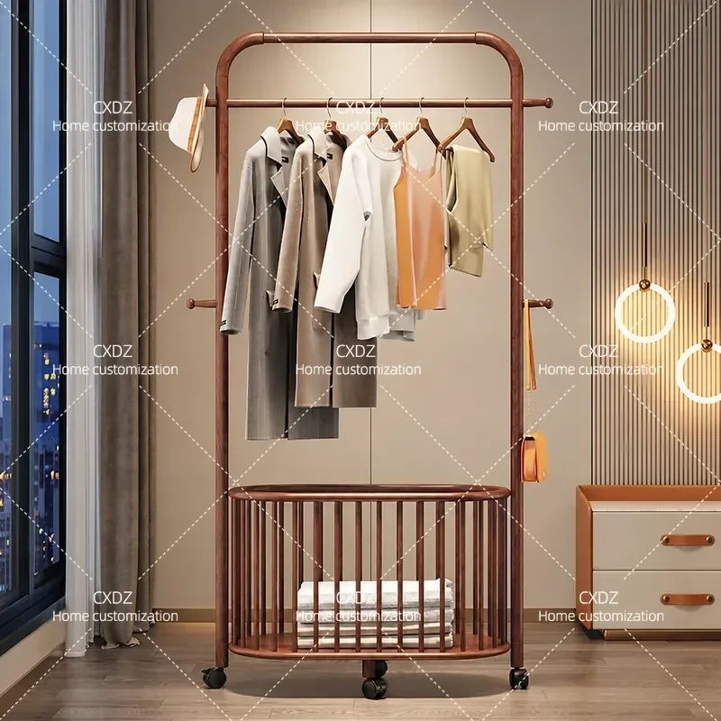 New Chinese Style Coat Rack Household Simple Large Capacity Storage Hanger with Pulley Clothing Store Floor Standing Rack