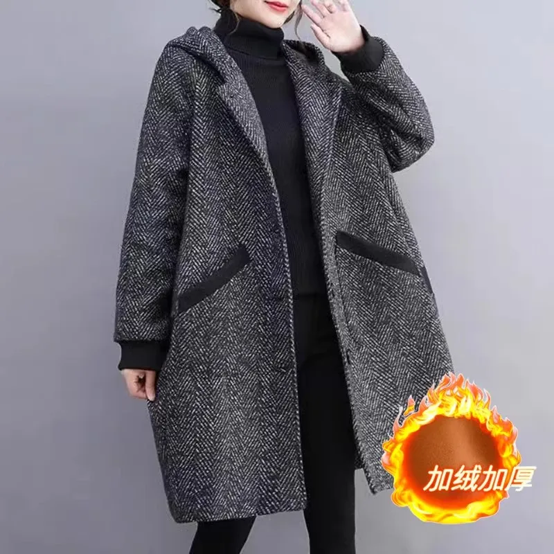 6XL 7XL Large Size Women Windbreaker Autumn Winter Thick Plush Warm Coats Korean Loose Hooded Long Wool Overcoat Female Cardigan