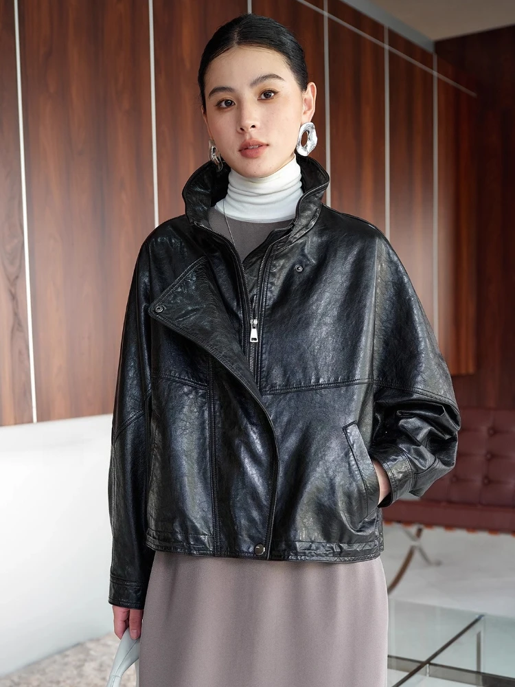 

Vintage Short Genuine Leather Jackets for Women Spring Autumn 2026 Simple Stand Collar Casual Soft Oil Wax Real Sheepskin Coat