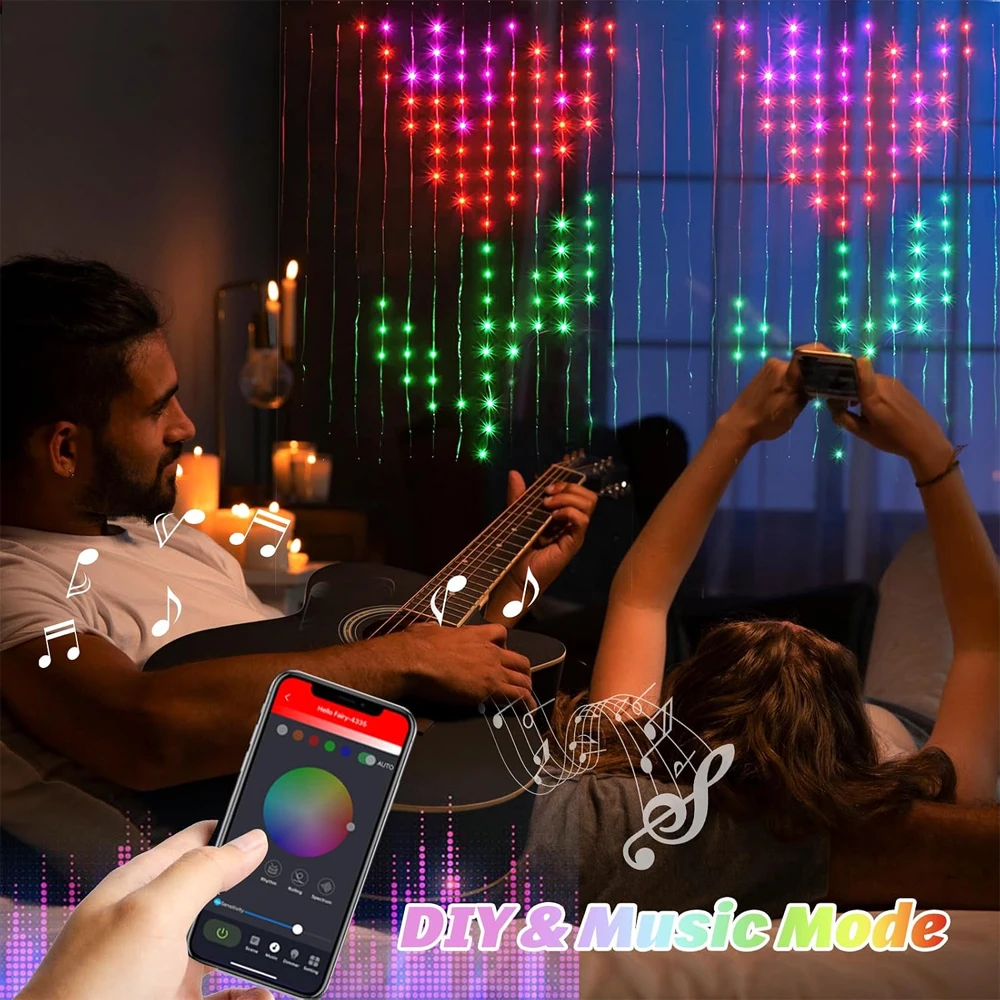 Smart Curtain Lights, 400 LED USB Curtain String Lights with App Remote Control,Music Sync Christmas Curtain String Outdoor