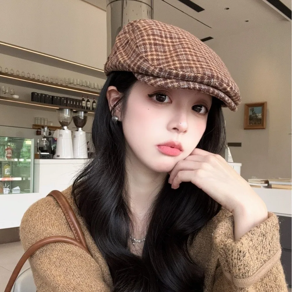 Elegant Vintage Berets Flat Top Japanese Style Newsboy Cap Plaid Pattern Golf Driving Cap Women's Wear