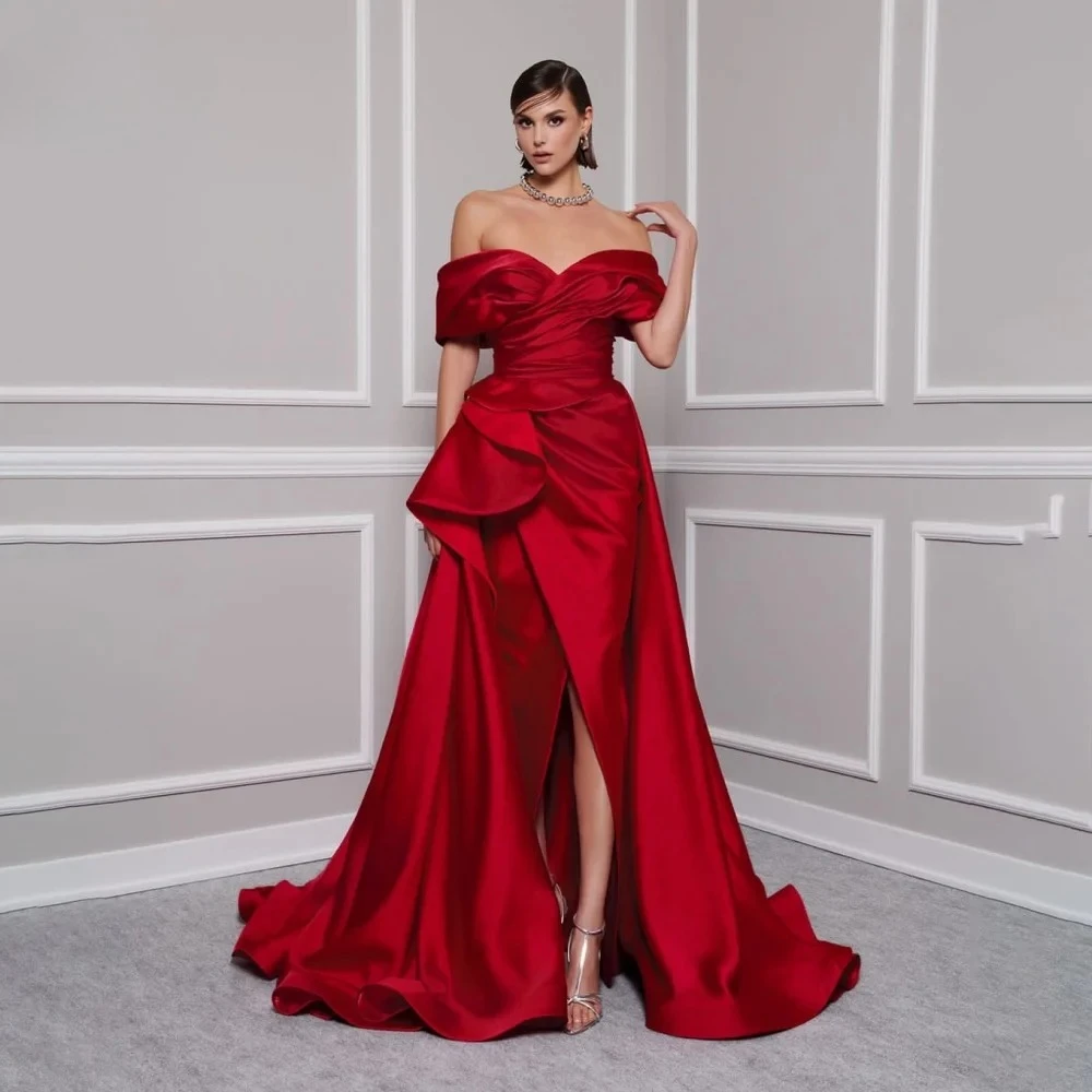 Red Long Prom Dress for Woman Customized Off The Shoulder Satin Pleated Side Split  A Line Sweep Train Formal Party Dresses