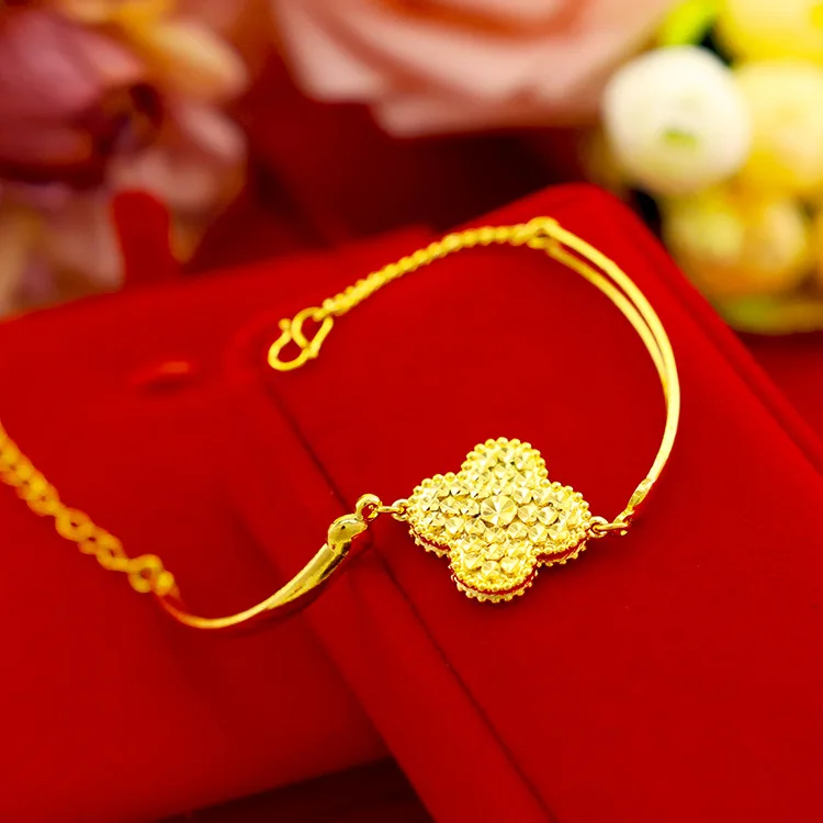 Real 100% 14K Gouden Kleur Lucky Vier Klavers Bangle Voor Vrouwen Sieraden Vergulde Armband Wedding Party sieraden Gift