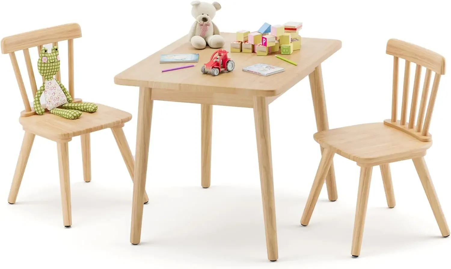 Conjunto de mesa infantil e 2 cadeiras, conjunto de mesa e cadeira de madeira de borracha para arte, brincar, artesanato, atividades, mesa infantil com N