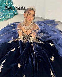 Elegant Navy Blue 15 Year Old Quinceanera Dresses With Gloves Gold Butterfly Applique Cape Beads Ball Gown Sweet 16 Formal Dress