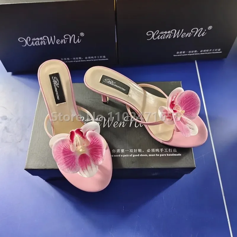 Pink Orchid Flowers Decor Women Slippers Summer Outside High Heels Shoes Round Toe Thin Heels Ladies Slingback Slip-On Flipflops