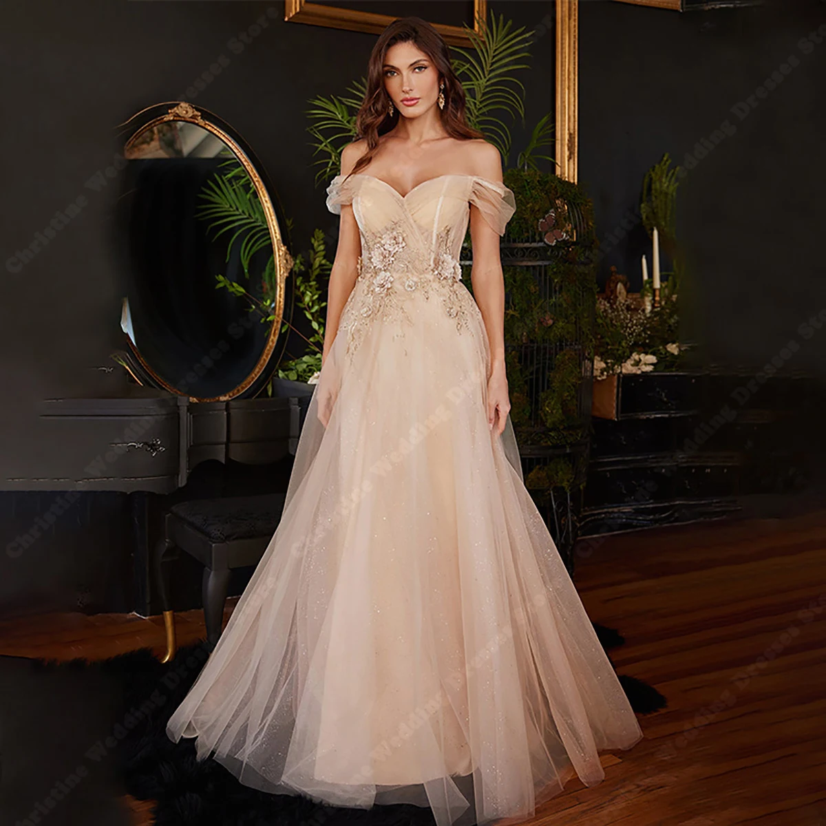 Vestidos De Novia con cuello en forma De corazón, apliques De línea A, hombros descubiertos, cuello De corazón, hecho a mano, flores