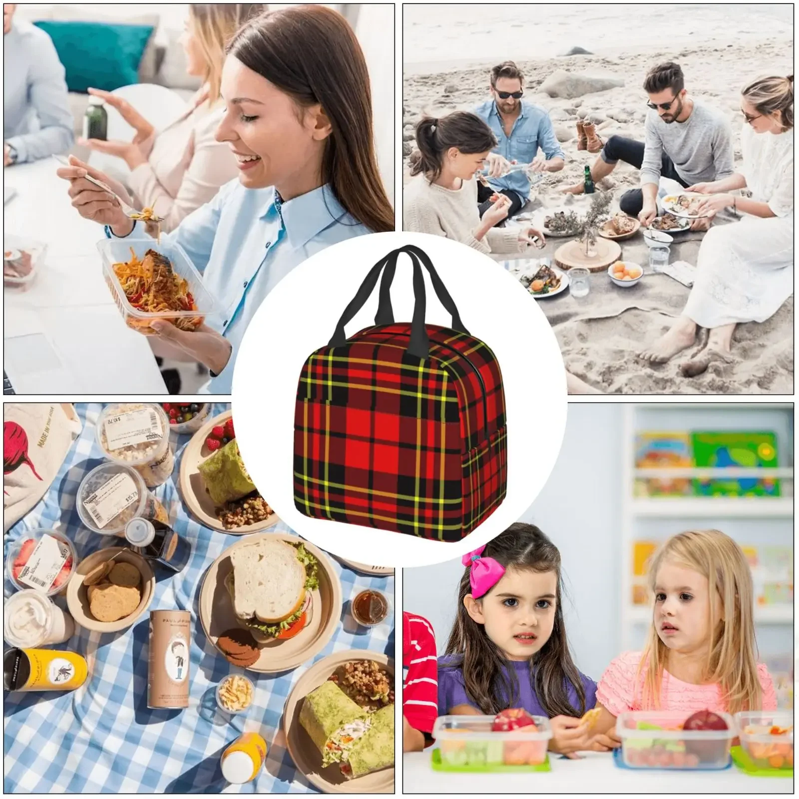 Plaid Checkered Lunch Bag Large Capacity Thermal Insulated Lunch Tote Lightweight Women's Lunch Box Bag for Work School Picnics