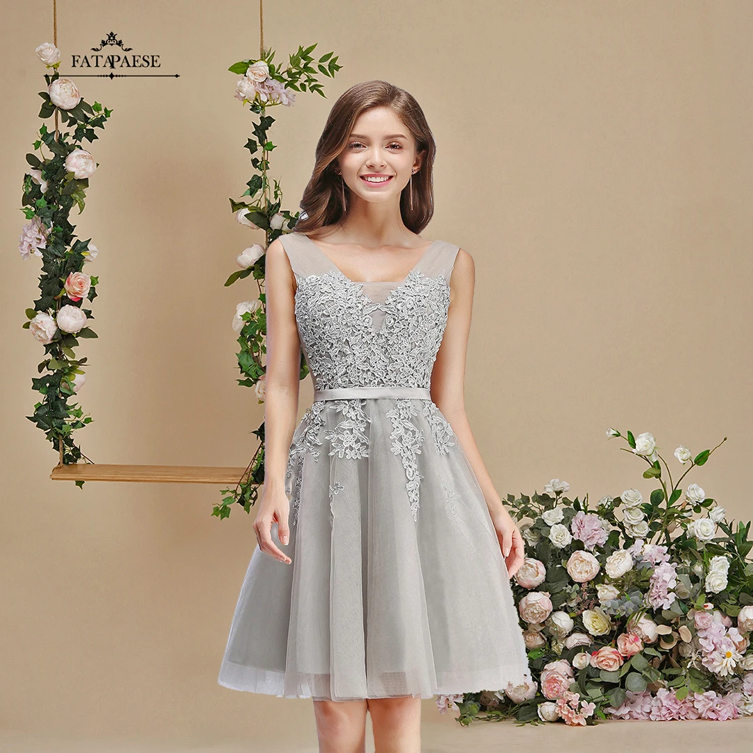 FATAPAESE Applique Lace Bridesmaid Dresses Wedding Evening Party Tulle Gowns Summer Short Knee-Length V Neck Homecoming Robe