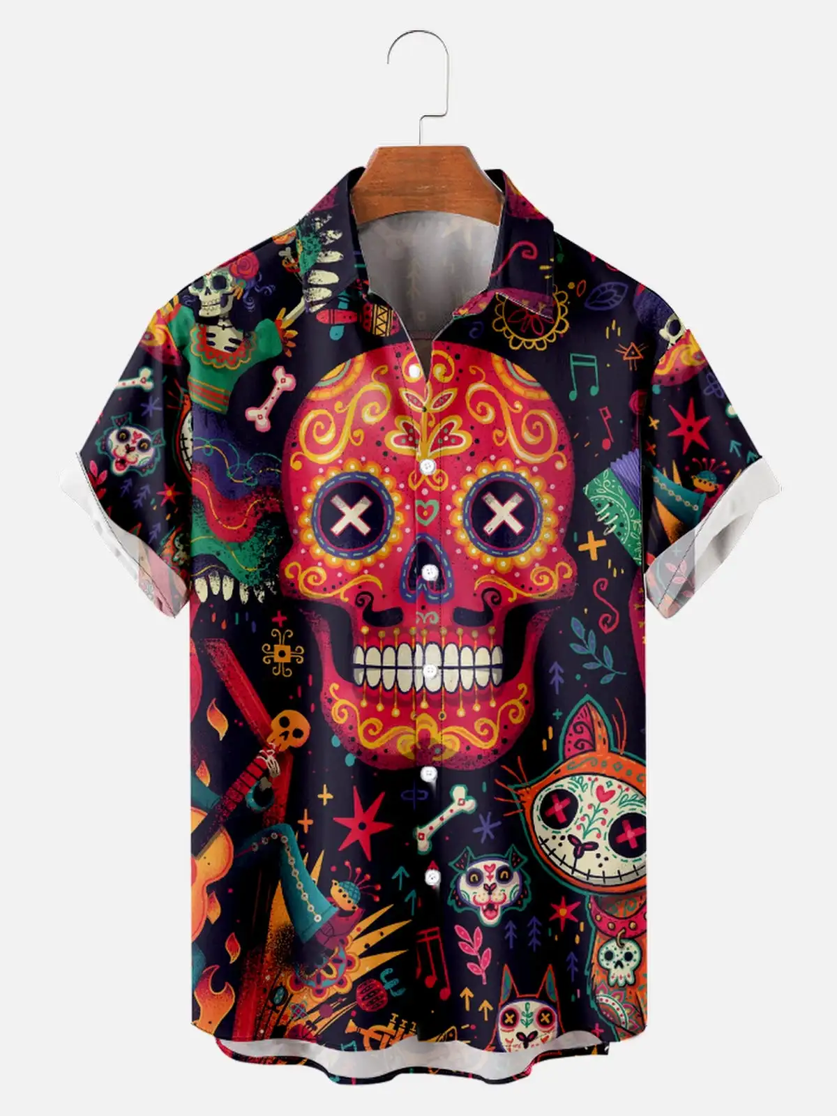 Shirt Skull Guitar Print Men's Hawaiian Lapel Top Beach Casual And Comfortable Men's Short-Sleeved Shirt 2026 New Style