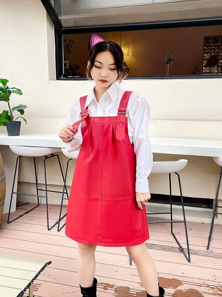 Women Genuine Leather Straps Dress High Street Loose Fit Sleeveless Casual A-Line Dresses Ladies Natural Sheepskin Tank Dress