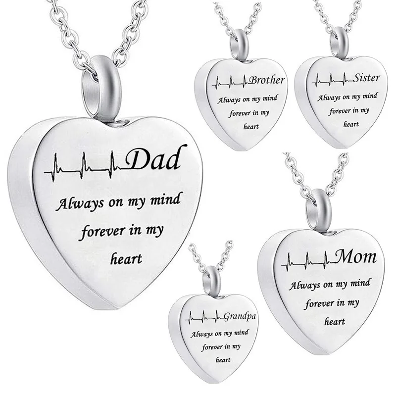 Heart Urn Ashes Necklace Stainless Steel Memorial Keepsake Locket Engraved Family Name Pendant Hold Loved Ones Ashes Hair Rememb