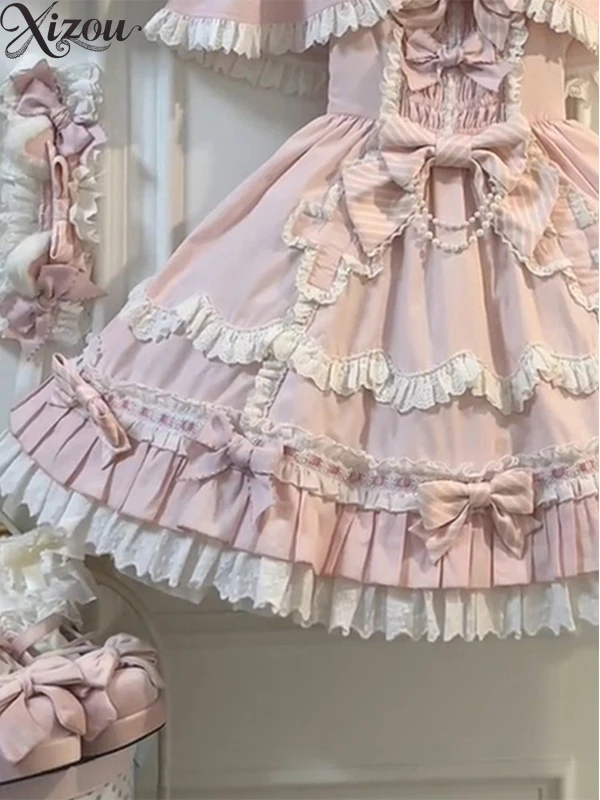 2025 Roze Miauw Lolita Jurk JSK Cape Set Zoete Prinses Verjaardag Pop Kraag Strik Hoge Taille Gezwollen Tweedelige Zomer Bal Grown