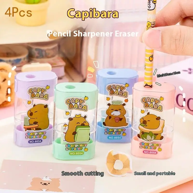 4Pcs 크리 에이 티브 만화 Capybara 2In1 수동 연필 깎이 지우개 귀여운 어린이 편지지 선물 학생 학교 용품