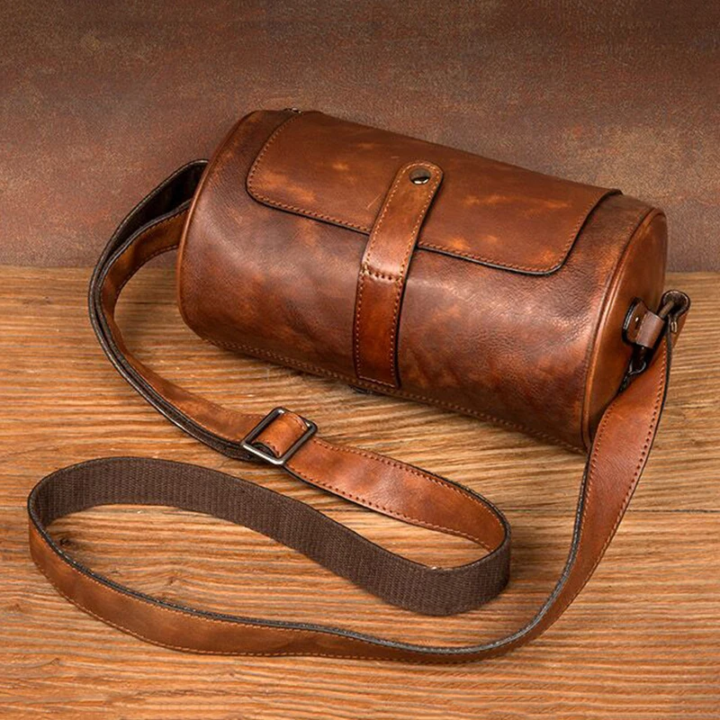 Vintage Shoulder Bag Handmade Original Crossbody Bag Cylinder Bag Bucket Bags Leather Satchel Men\'s Casual Shoulder Bag