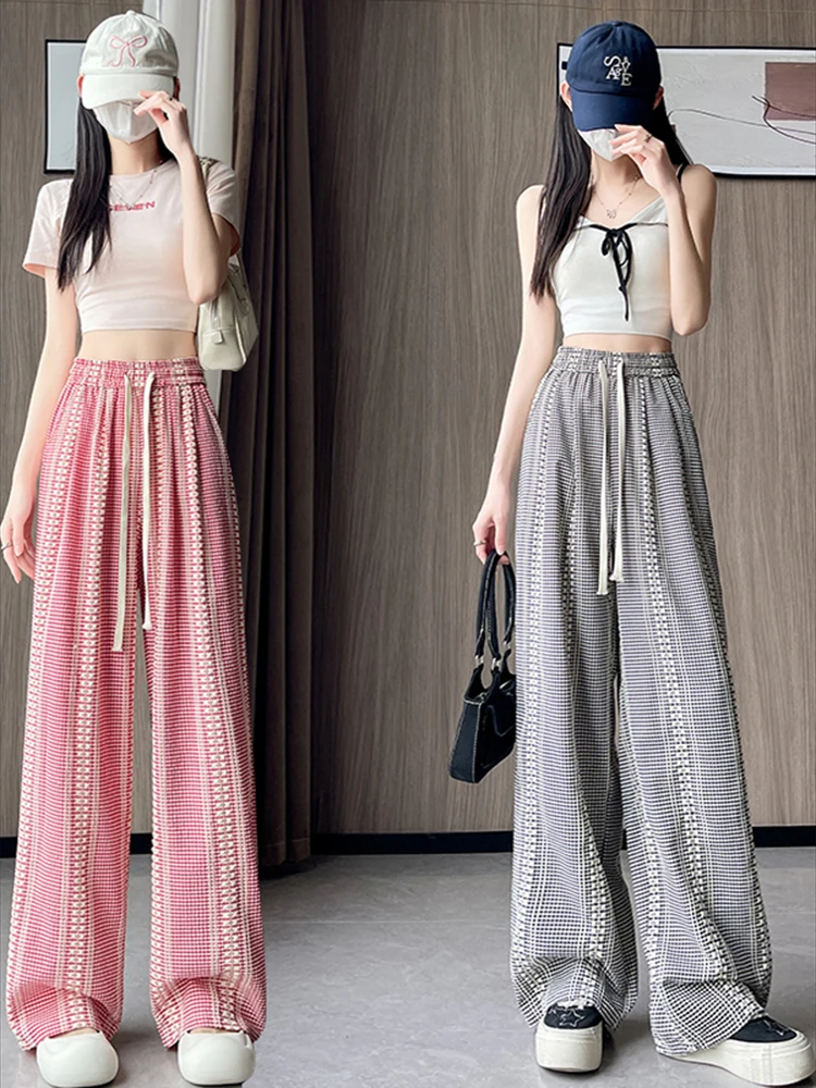 

Pink lace jacquard checkered pants for women in summer 2025 new elastic high waist slimming straight leg wide leg pants