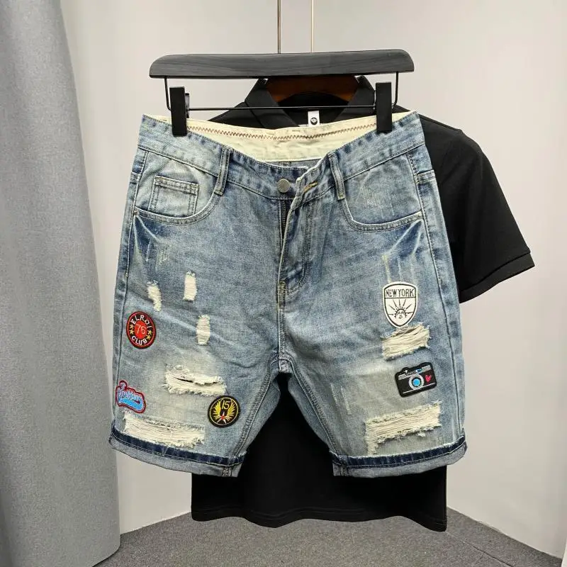 Short Jeans Pants for Men with Text Pockets Graphic Original Man Denim Shorts Distressed Stretch Thin Buttons Streetwear Summer