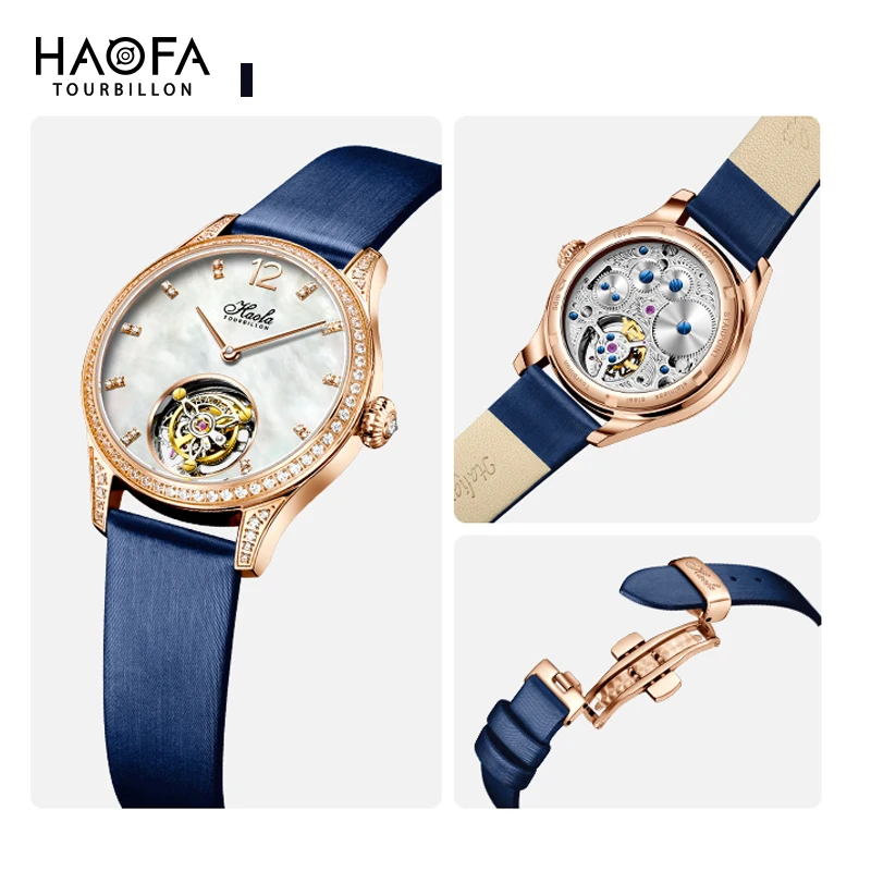 Haofa Elegance Ladies Flying Tourbillon Watch Luxury Diamond-set Bezel Manual Mechanical Sapphire Watches for Women Limited 1809